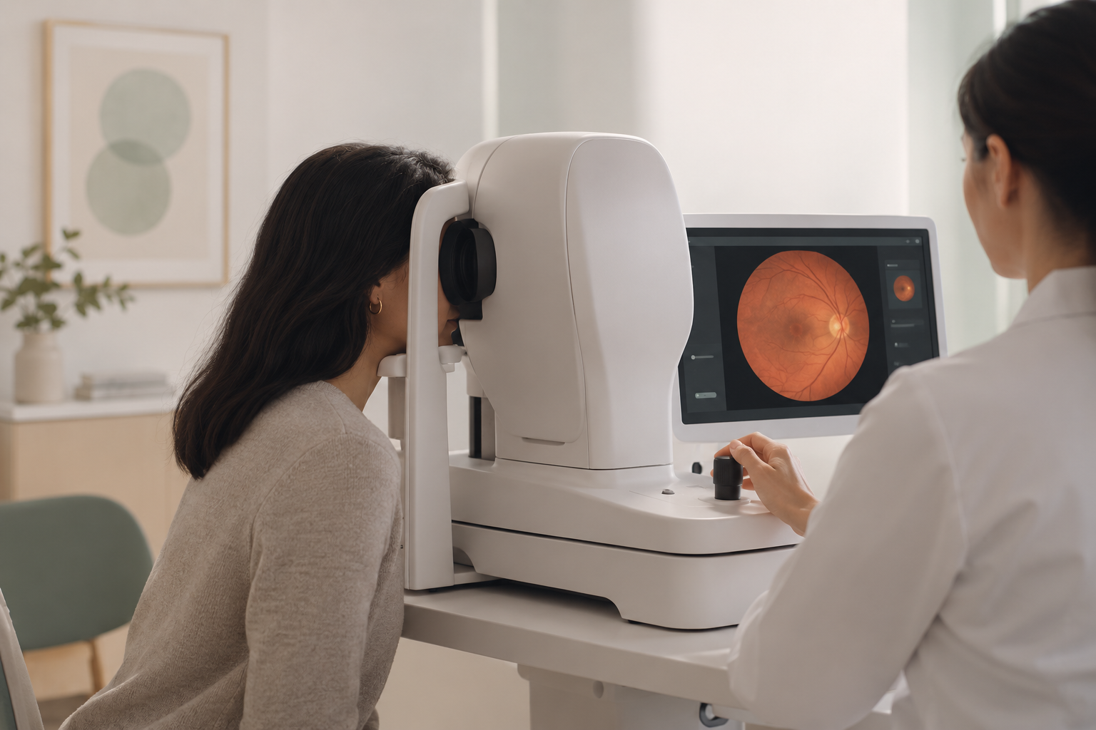 A retinal scan in progress, with the retinal photograph displayed on the scanner’s screen.